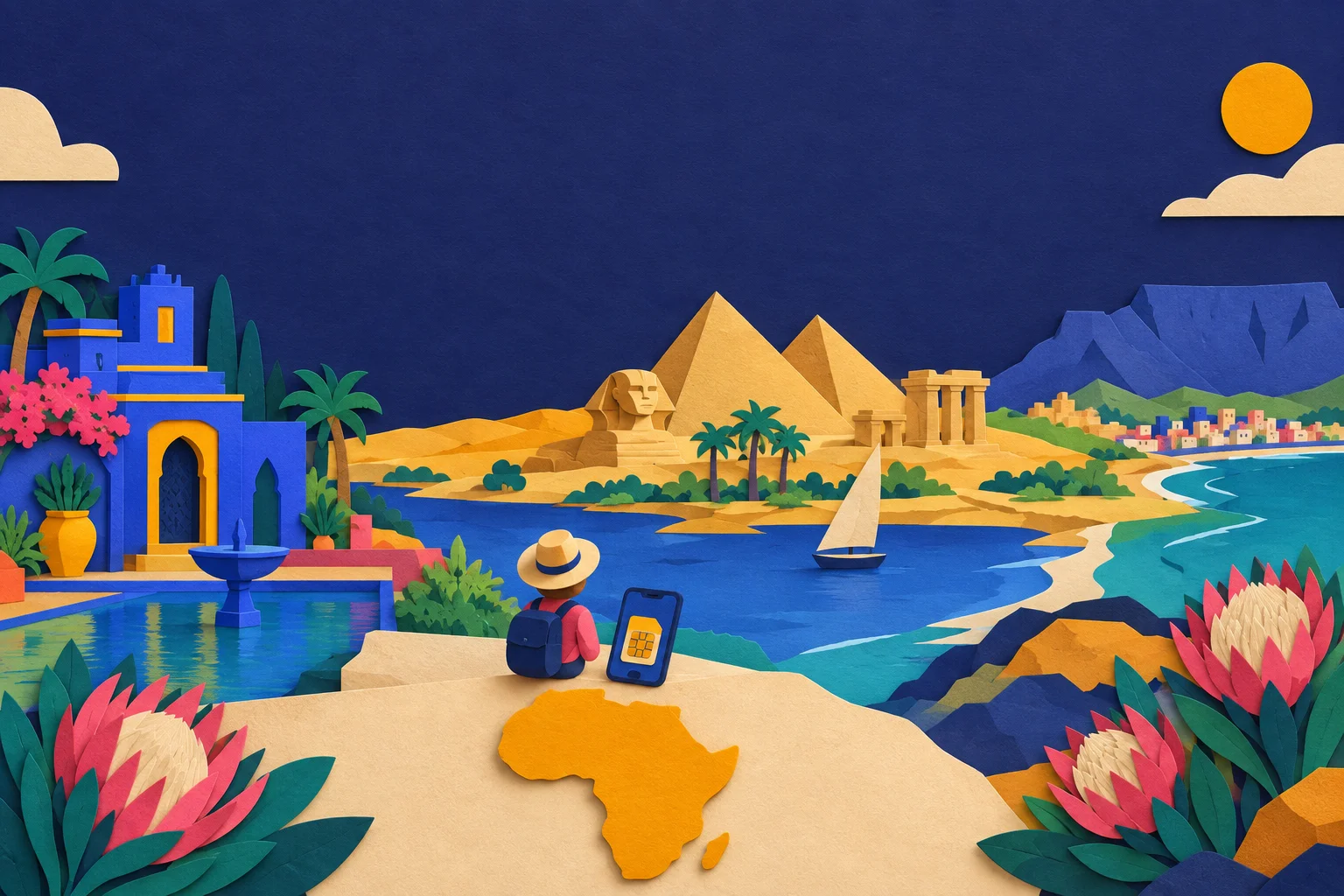 مسافر يتحقق من خطة بيانات شريحة eSIM متعددة الدول على هاتفه قبل رحلة إلى المغرب ومصر وجنوب أفريقيا