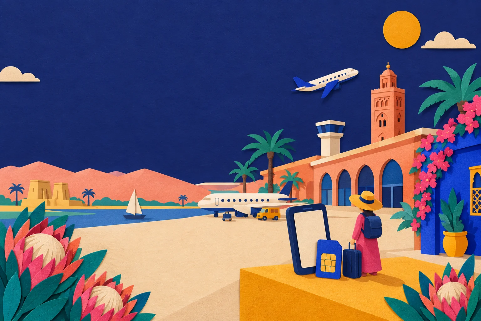 Resenär som kontrollerar en telefon i ankomsthallen på Marrakech Menara Airport, med kiosker för kontantkort i bakgrunden