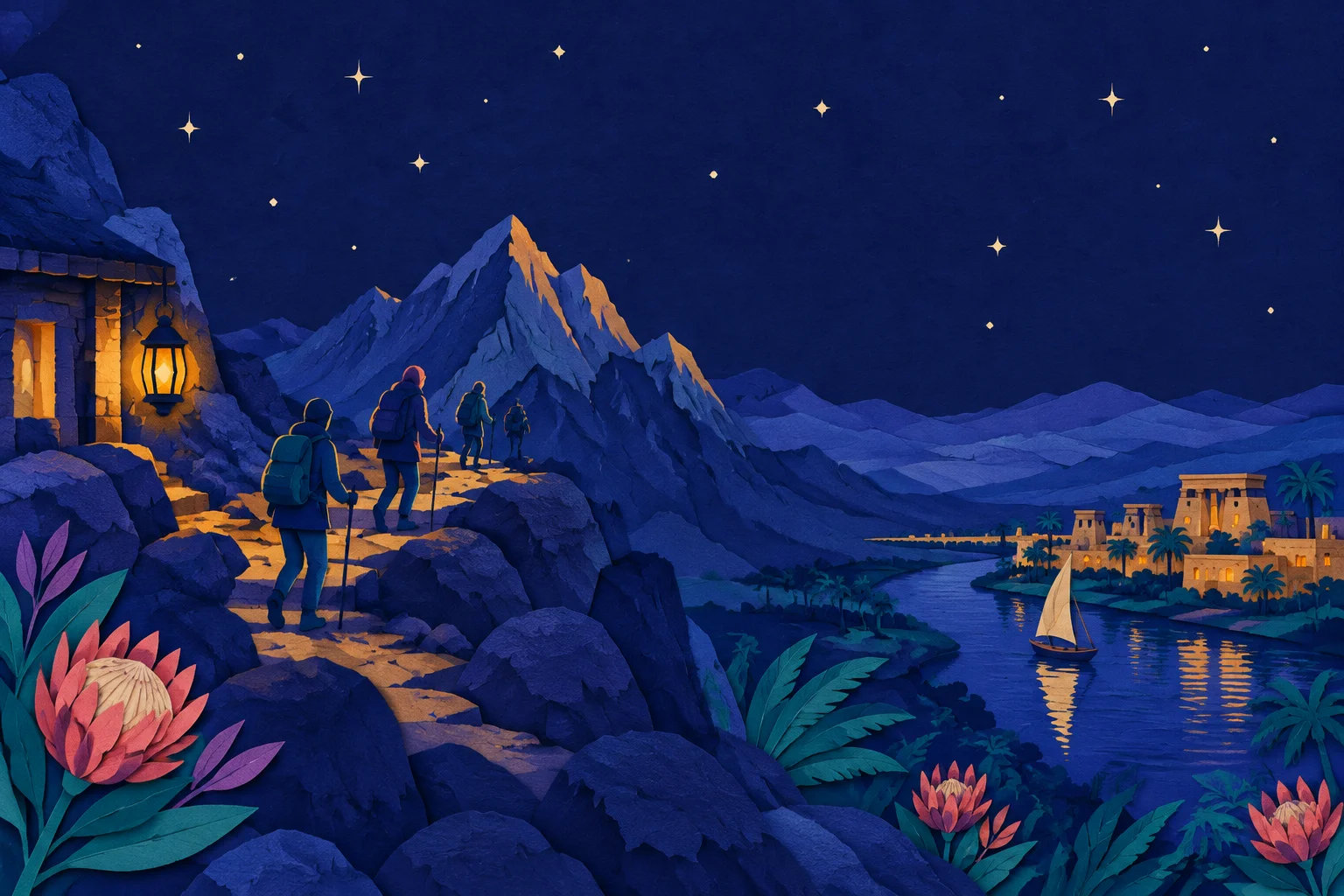 Pilgrims and hikers gathered on the rocky summit of Mount Sinai before sunrise, with layered mountains fading into the dawn light behind them