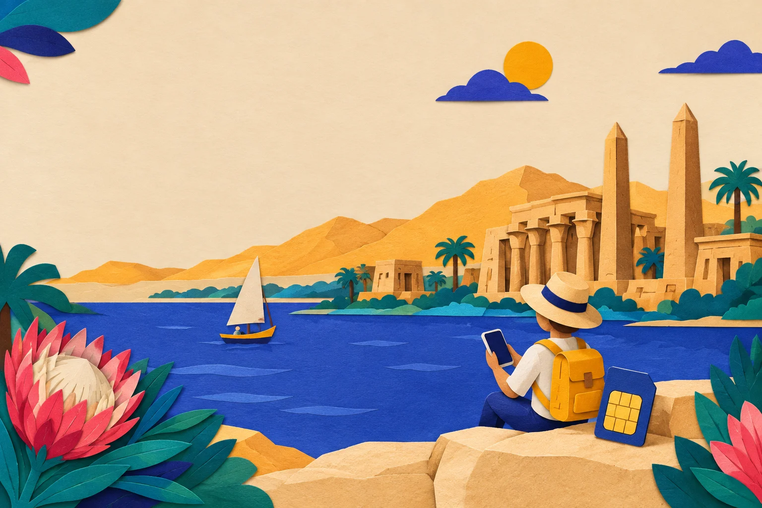 Reisender prüft ein Smartphone mit einem Ägypten-eSIM-Tarif beim Spaziergang entlang der Nilcorniche in Luxor zur goldenen Stunde