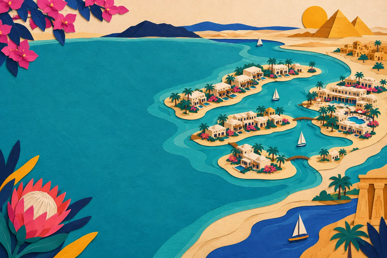 Lagoon-side terrace in El Gouna at golden hour, with a boat moored on calm water and low resort buildings in the background