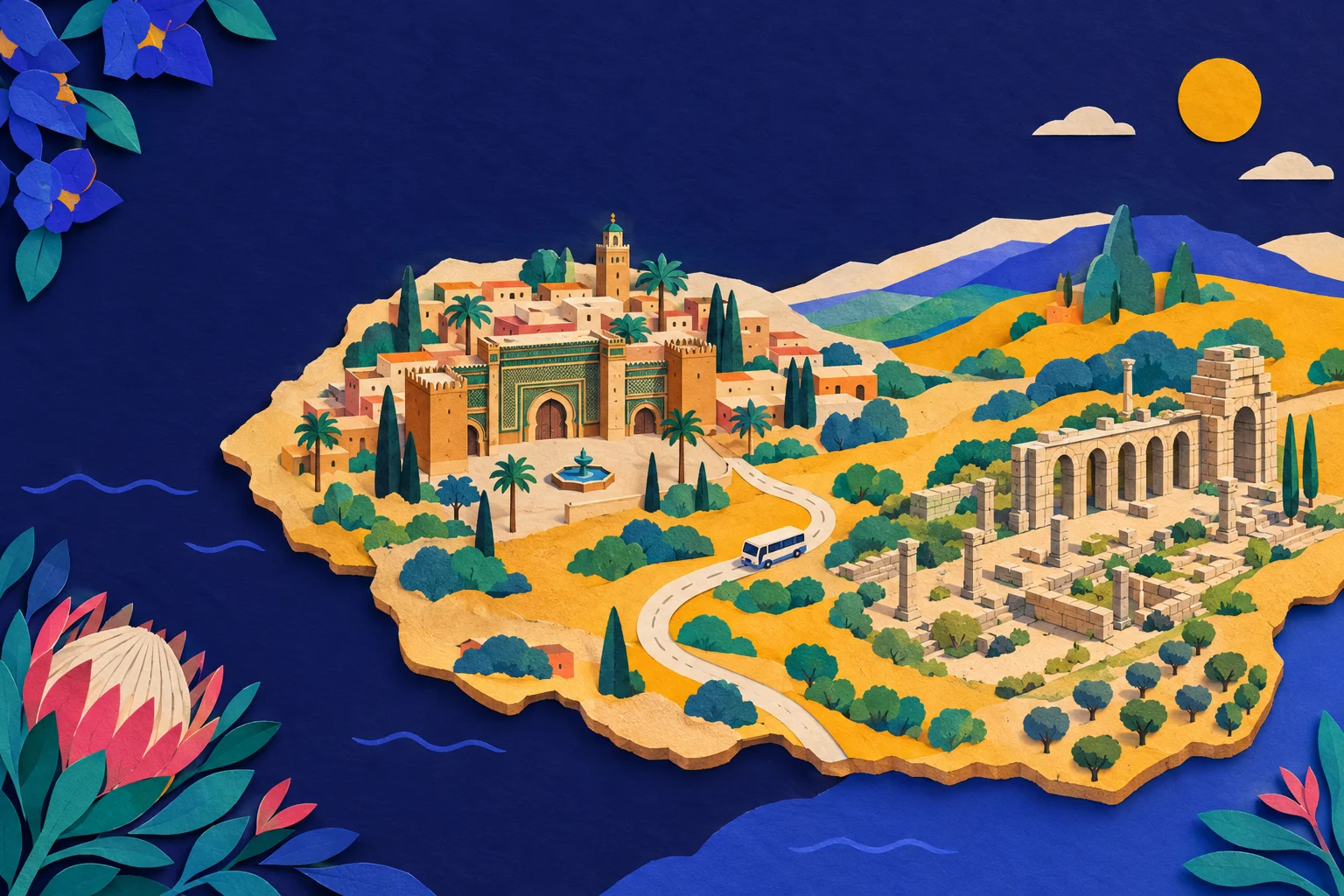 L'arc romain et la rue bordée de mosaïques à Volubilis, avec la ville perchée de Moulay Idriss Zerhoun en arrière-plan, lors d'une excursion depuis Meknès.